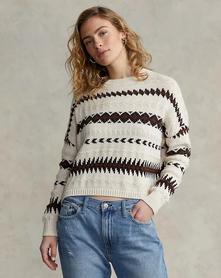 Женский укороченный свитер Polo Ralph Lauren с геометрическим мотивом средний размер кремовый - Изображение 2 из 4