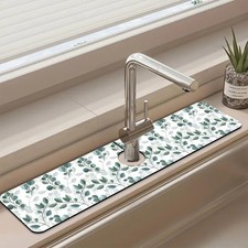 Faucet Drying Absorbing Mat, 23.5"X5.5" Faucet Mat Green Eucalyptus Leaf