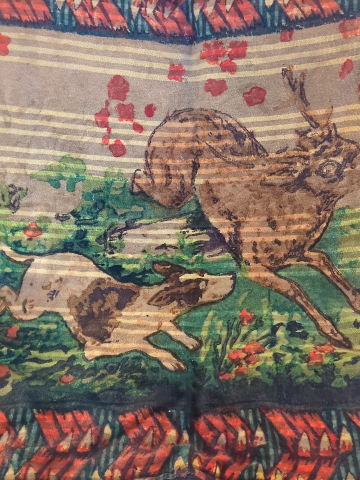 Antique Wool Mohair Buggy Carriage Lap Sleigh Blanket 58X46 Dog Chasing Deer