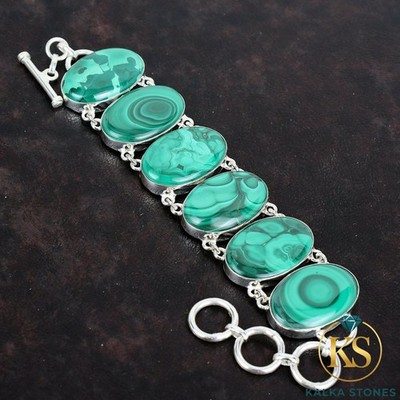Valentines Sale Sterling Silver Natural Malachite Ethnic Chain Daughter Bracelet