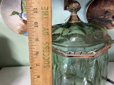 Glass container, heavy light green glass wit chrome trim in great cond. and lid