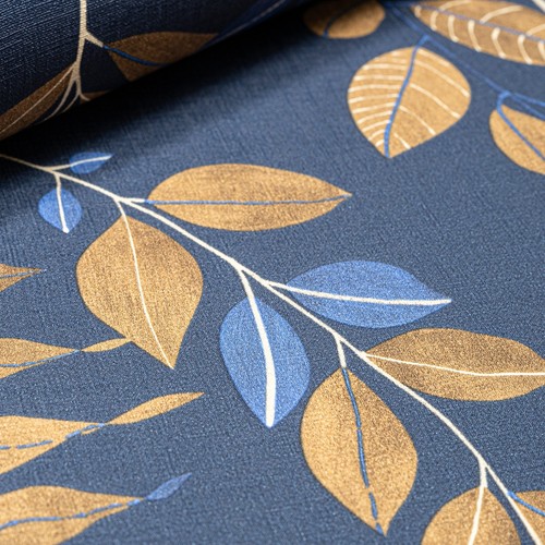 Navy Blue Leaf Wallpaper Brown Textured Vinyl Feature Wall Dining Room Hallway - Picture 6 of 6