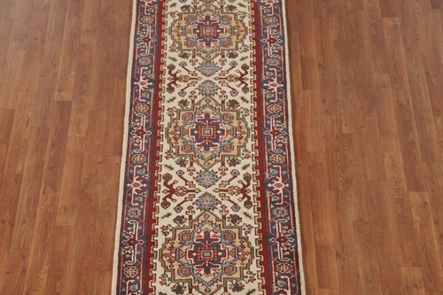 Geometric Ivory Heriz Serapi Oriental Runner Rug 2' 6" x 7' 5' Handmade Carpet - Picture 3 of 12