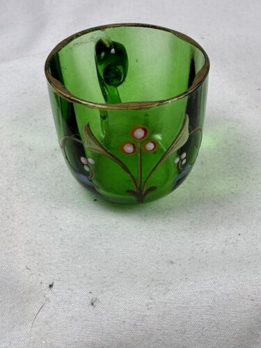 Art Glass Moser Antique Enameled Green Glass Miniature Mug Handled - Picture 6 of 6