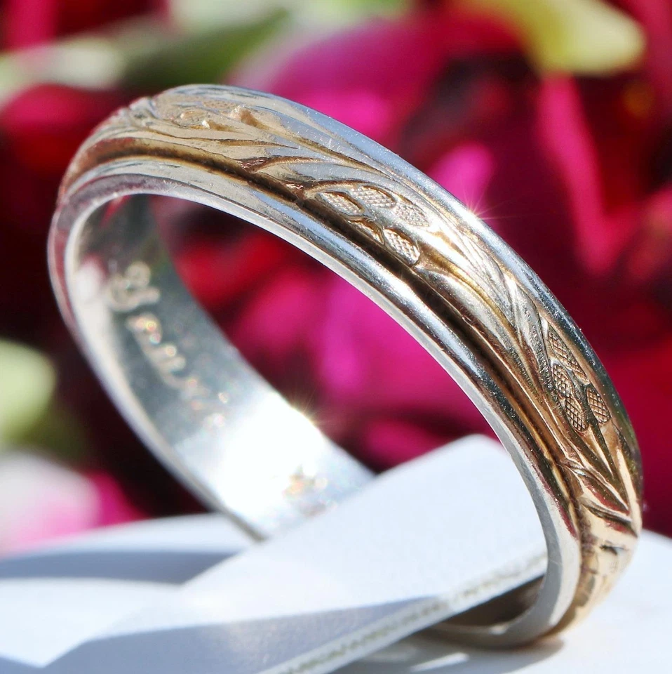 Alianza de boda oro 14k multi tono talla 9,75 hecha a mano antigua 4,9 gr tallada en arte Foto 2 de 4