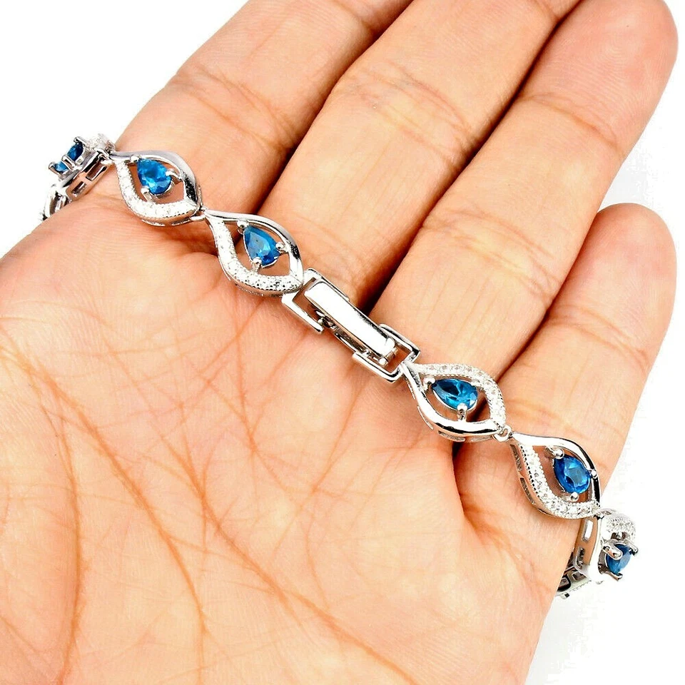 PULSERA PARAIBA APATITA AZUL CON CIRCONITA BLANCA PLATA ESTERLINA .925 14K WGP 7,5 PULGADAS Foto 3 de 3