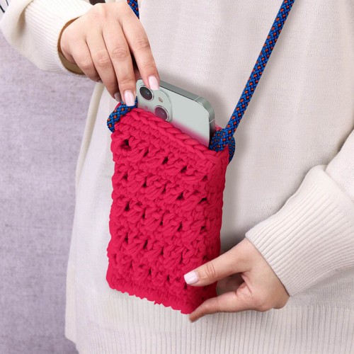 Cross-body Knitted Phone Bag Flower Pattern FlowerWeave Series Fuchsia - Picture 3 of 6