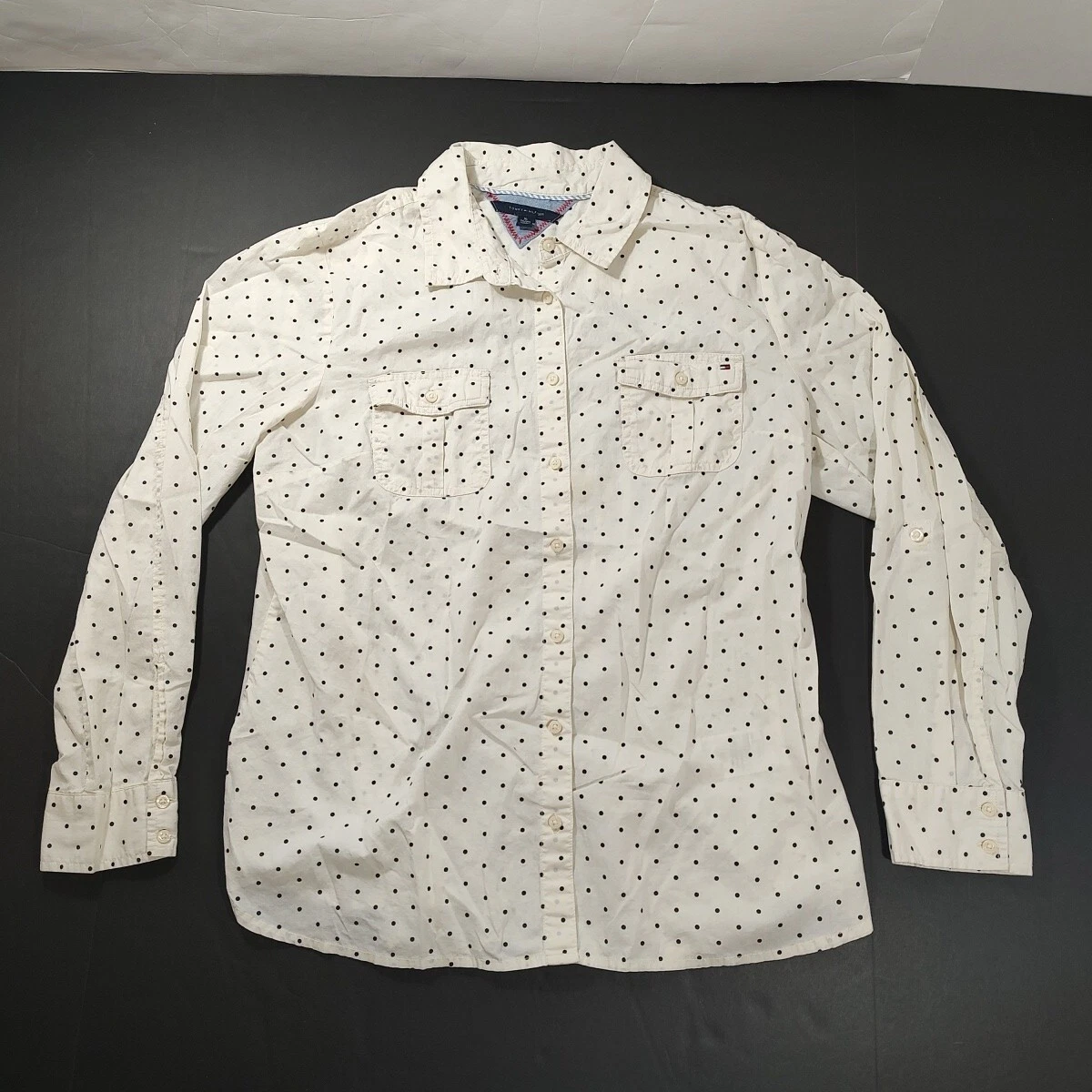 Tommy Hilfiger Shirt Women XL White Button Down Polka Dot Roll Tab