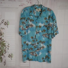 Island Shores L Hawaiian Shirt Aloha Blue Palm Trees Button Up S/S Beach
