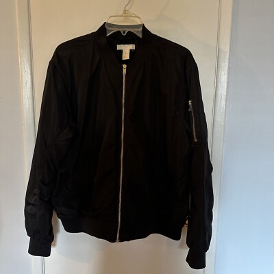 H&M Black Bomber Jacket Women Size 12 Snap Pockets Lined