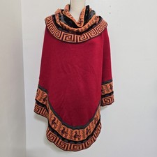 handmade PERUVIAN Alpaca Wool Poncho Sweater Red Llama Geometric Print