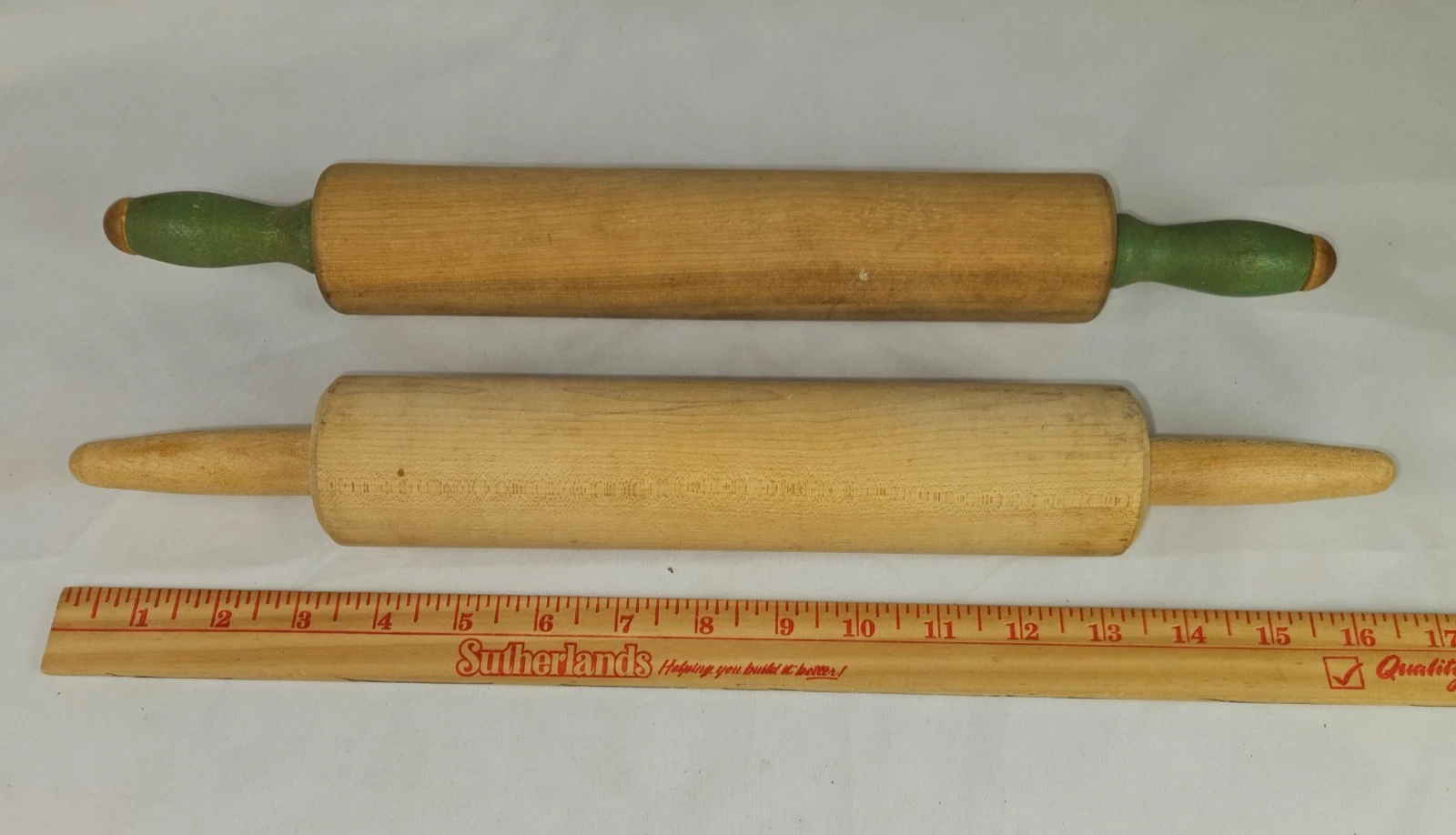 NICE LOT OF 2 VINTAGE WOOD ROLLING PINS-GREEN & PLAIN HANDLES PRIMITIVE DECOR