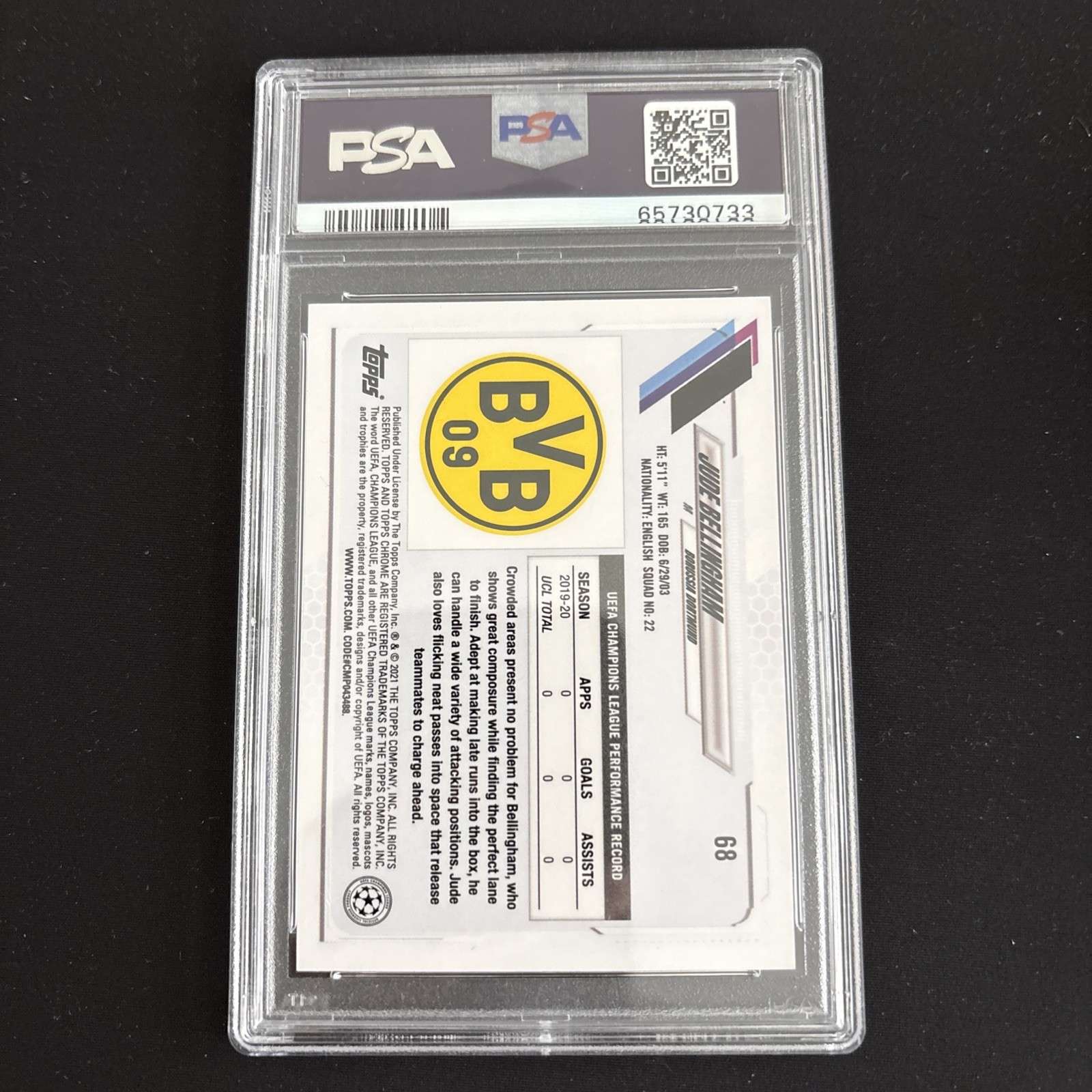 2020 Topps Chrome Soccer Purple Carbon Fiber 68 Jude Bellingham RC PSA 9 view 2