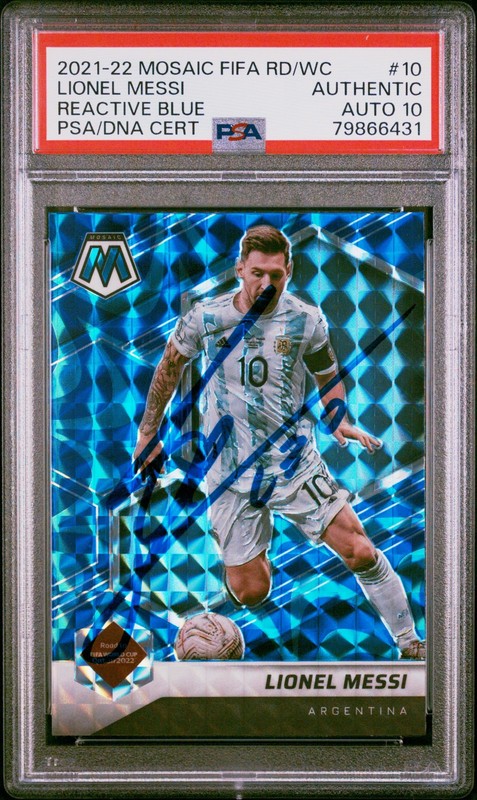 2021-22 Panini Mosaic FIFA Reactive Blue Lionel Messi #10 PSA Authentic AUTO 10