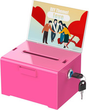 Acrylic Donation Box with Lock and Sign Holder Pink Ballot Box with Slot Plastic