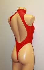 Women Thong Leotard 204-04 Sleeveless High Collar Open Back Red Spandex Size L