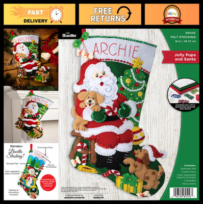 DIY Felt Applique Stocking Kit - Jolly Pups Santa - 18'' Holiday Craft Project