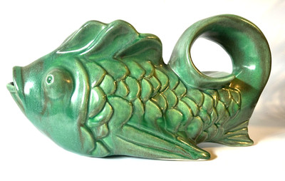VTG  Rare Fish-Shape Pitcher/Planter Green & Brown Glaze Unmarked Mccoy-Style