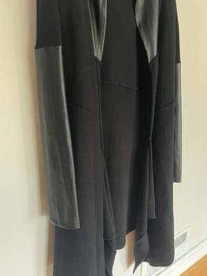 BlankNYC Hooded Sweater Coat Faux Leather Sleeve Black Women Sz S Long Cardigan
