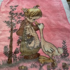 VTG Korean Mink Baby Blanket Precious Moments Girl Goose Duck Pink 42/52