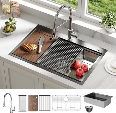 #ad #ad 33quot;x22quot;x9quot; Drop in Kitchen Sink with Pull Down Spring Faucet Single Bowl Sink $209.51