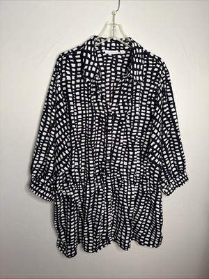 Susan Graver Women's 2X Black/White Geometric 3/4 Sleeve Button Blouse W/Pockets