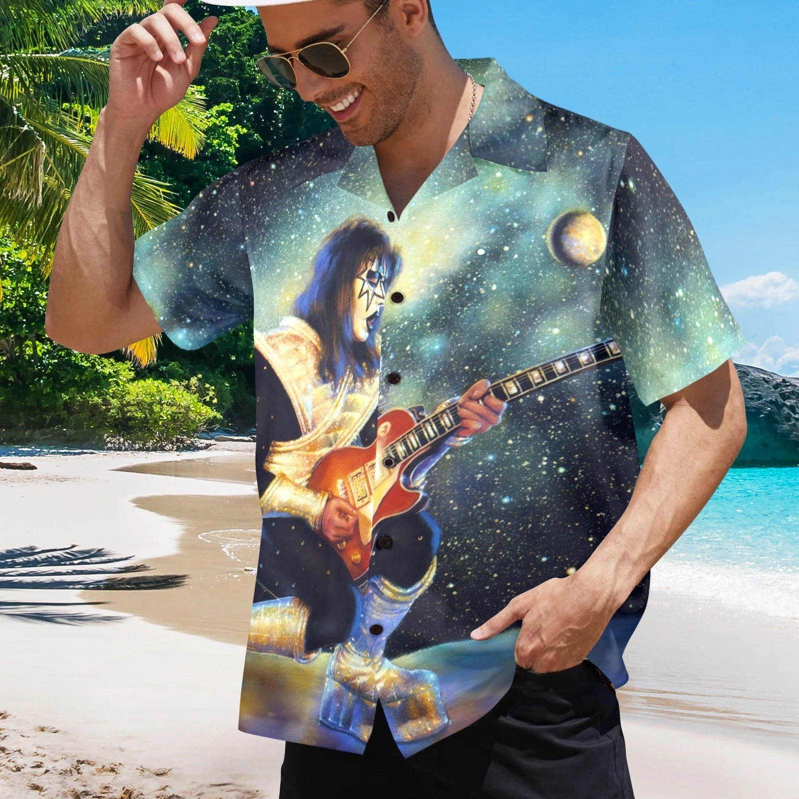 Button Hawaiian Shirt. Ace Frehley