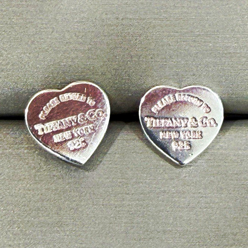 Tiffany & Co. 925 Sterling Silver Heart Stud Earrings Engraved Signed