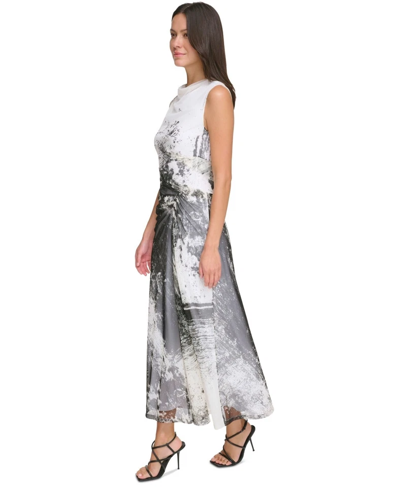 Dkny Women's Sleeveless Cowlneck Side-Ruched Dress - Black/Cream, sz 8 - Image 3 of 4