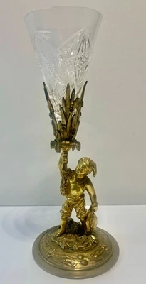 Pêcheur Napolitain Sculpture Statuette Bronze Doré - Vase Cornet Cristal  XIXe - Photo 1/4