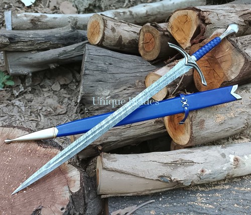 Viking Sword, 40-Inch Damascus Steel, Full Tang with Blood Grooves, Scabbard - Picture 2 of 7