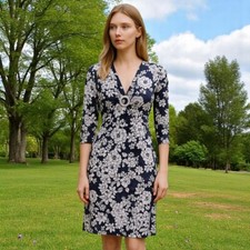 VTG Susan Lawrence Floral V-Neck Stretch Shift Dress Womens Medium Made in USA