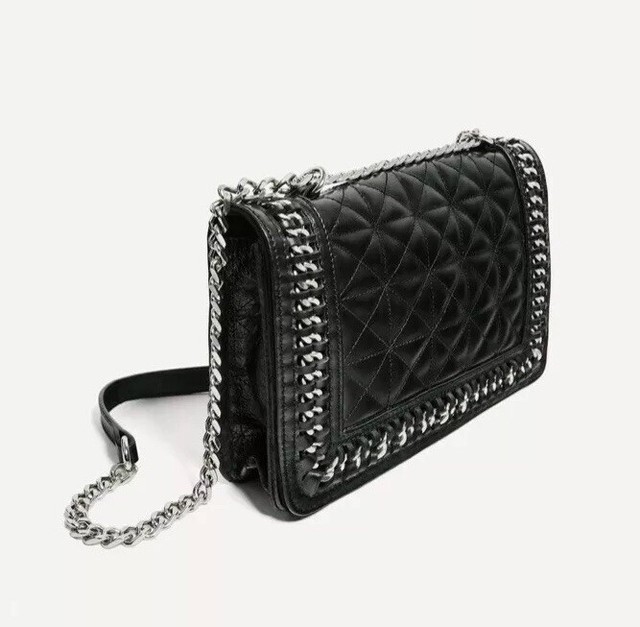 Zara Woman Leather Quilted Chain Crossbody Bag Black eBay