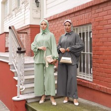 Muslim Women Bouse Top Long Pants Sets 2 Piece Soild Color Islamic Outfits Suit