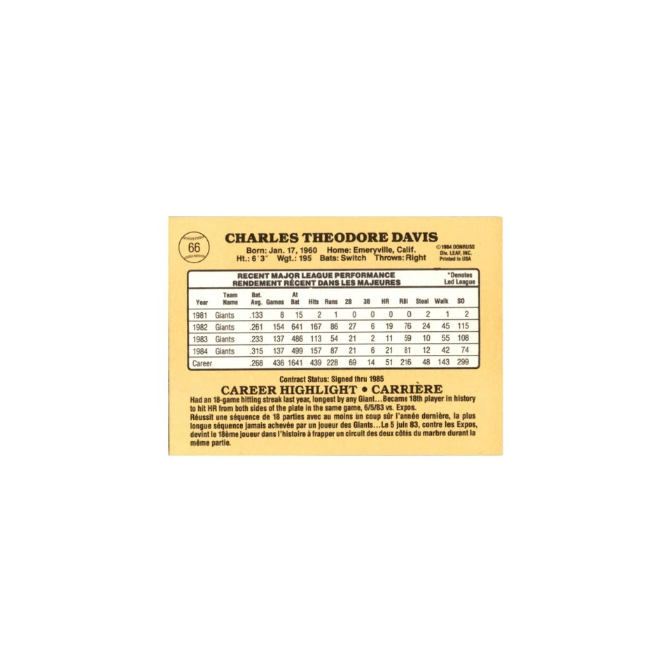 Chili Davis 1985 Leaf #66 San Francisco Giants Baseball Card NM - Image 2 of 3