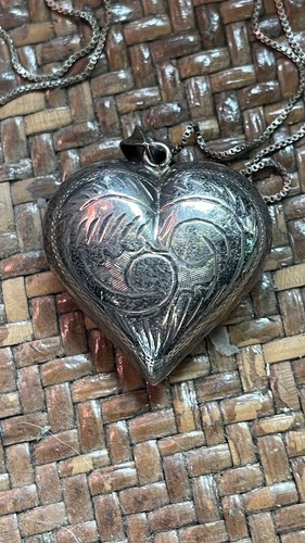 large vintage antique puffy silver heart necklace 925 - Picture 3 of 7