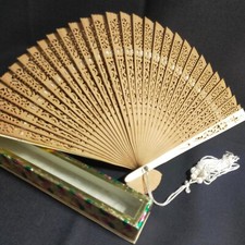 VTG Asian Wooden Folding Hand Fan Ornately Carved 7 Long Slats Incense wood 2166