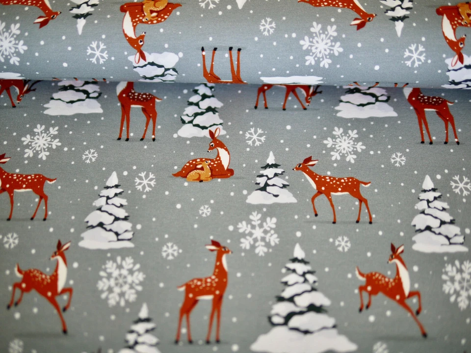 Baumwoll-Jersey, Jersey, Kleiderstoff, T-Shirt-Stoff BAMBI, Reh, Wald, Schnee - Bild 2 von 4