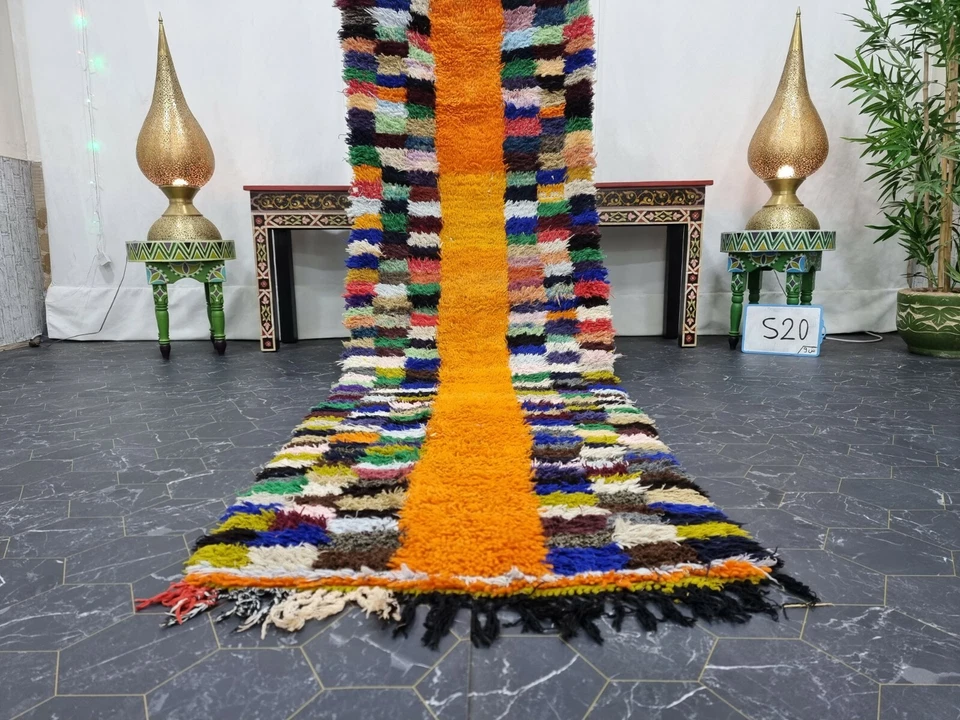 Moroccan Handmade Vintage Rug 2'6"x9'7" Berber Checkered Orange Blue Carpet  - Image 3 of 4