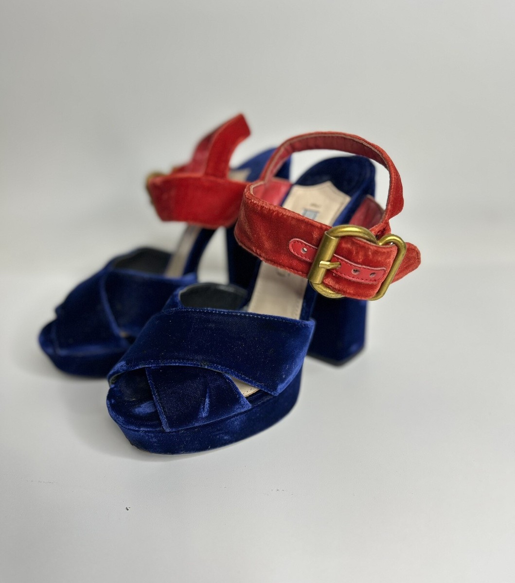 Women's Prada Velvet Sandals Chunky Block Heels Platform Bicolor