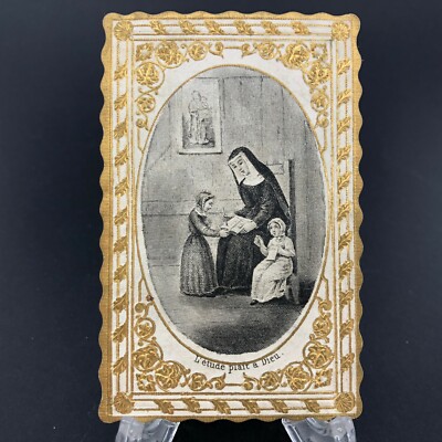Antique Holy Card c. 1890 Embossed Gilt Gold France The Study Pleases God Easter