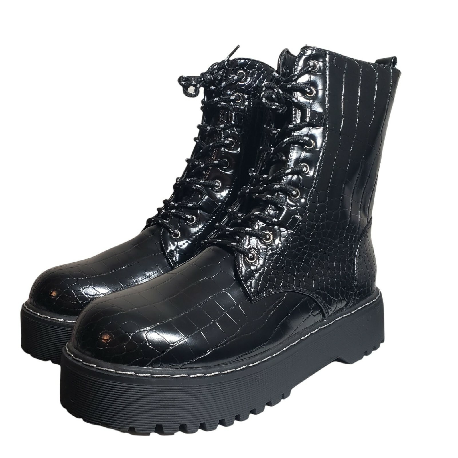 SAOLA Stivali da combattimento Olivia Miller donna Freya neri stampa coccodrillo suola a strappo stringati taglia 10