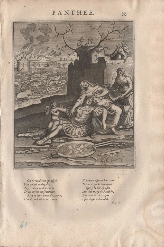 Mythologie Mort de Panthée - Gravure originale Jaspar Isaac XVIIe - Photo 3/3