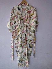 Indian White Floral Printed Cotton Robes Long Kimono Sleepwear Night Kimono Robe