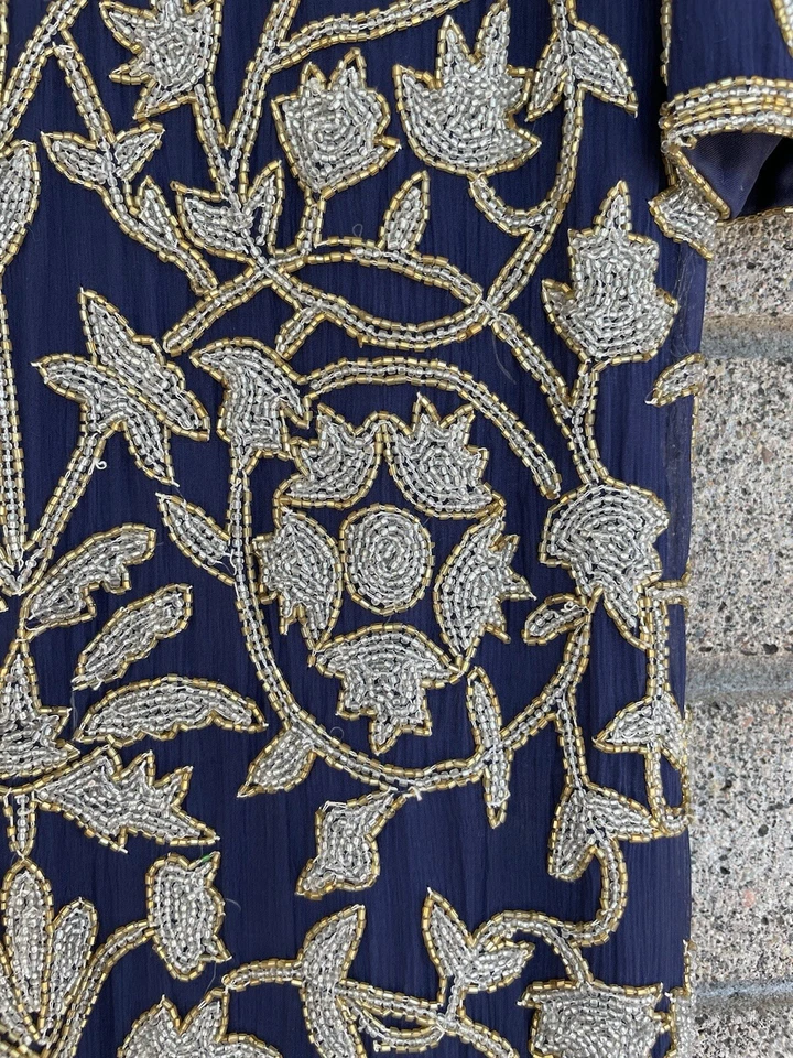 80-е Lawrence Kazar темно-синий шелк платье бисером блестки вечеринки коктейль размер M - Изображение 2 из 4