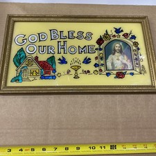 Vintage Sacred Heart Of Jesus Foil Art “God Bless Our Home” Framed Reverse Paint