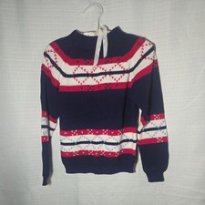 Vintage Boys M Holiday Sweater Navy Blue With Red, White, Blue 70s JCPenneys