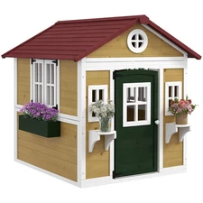 Outsunny Wooden Playhouse for Kids Outdoor, Doors, Windows, Planter Pots, Beige,
