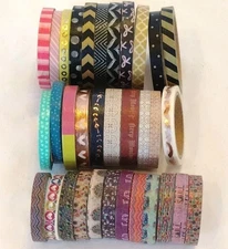 Washi Tape Lot Of 33 Thin Rolls Various Colors & Designs Scrapbook Craft Tape