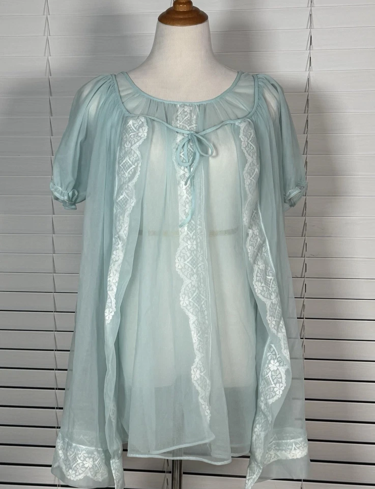 Conjunto PEIGNOIR de chiffon azul década de 1950 camisola e roupão ~tamanho grande - Imagem 2 de 4